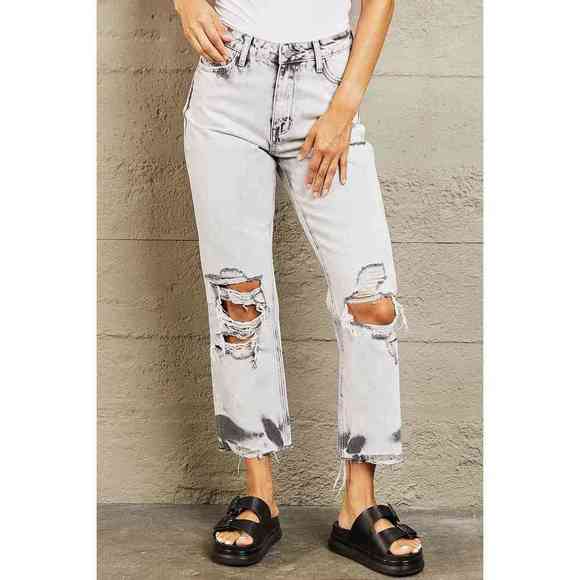 BAYEAS Acid Wash Distressed Cropped Straight Jeans